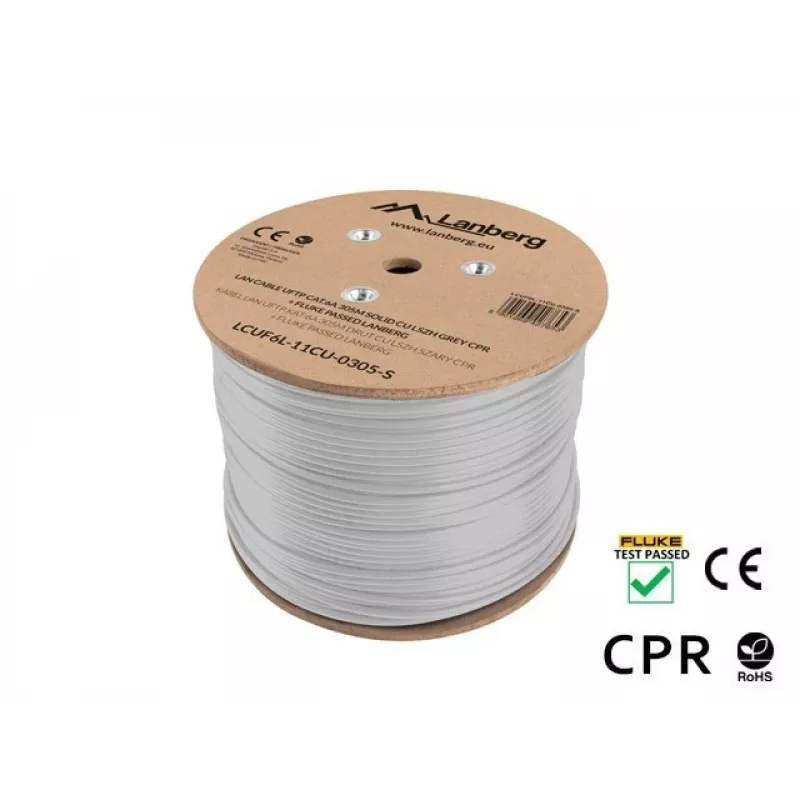 Tīkla kabelis LANBERG LCUF6L-11CU-0305-S U/FTP Cat6a uz ruļļa, 305 m, 23 AWG, 500 MHz, pelēks