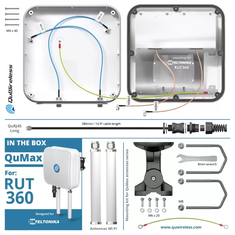 Virziena tīkla antena QuWireless QuMax A360M — virziena PoE/LAN antena, 0.694–2.7 GHz joslas, 4–6 dBi pastiprinājums, vertikālā polarizācija