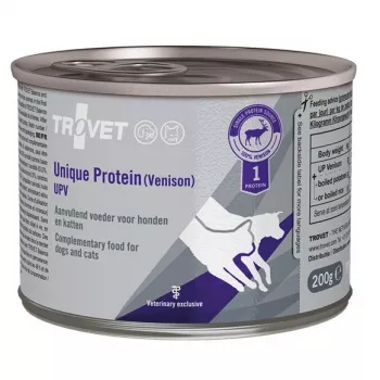 Mitrā mājdzīvnieku barība TROVET Unique Protein UPV Venison 200 g — papildbarība pieaugušiem suņiem un kaķiem, bez graudiem, bez cukura