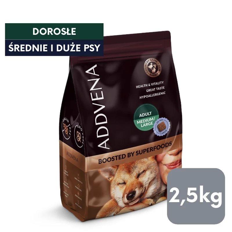 ADDVENA Boosted by superfoods Adult Medium/Large Beef - sausā suņu barība - 2,5 kg
