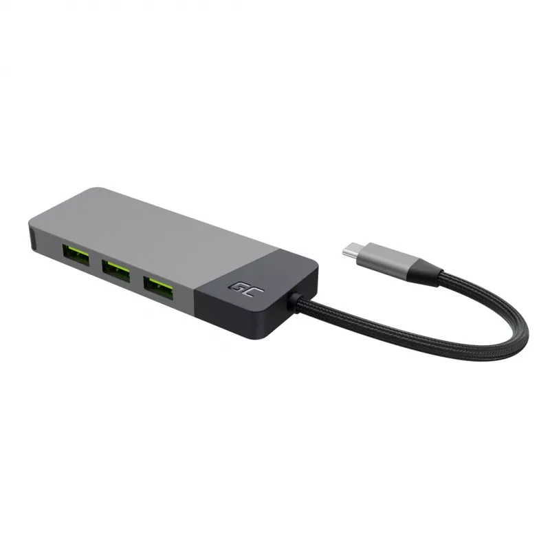 USB Type‑C centrmezgls zaļa Cell HUBGC01 — 7 pieslēgvietas: 3×USB‑A 3.2 Gen 1, 1×USB‑C 3.2 Gen 1, HDMI, microSD+SD karšu lasītājs — sudrabains
