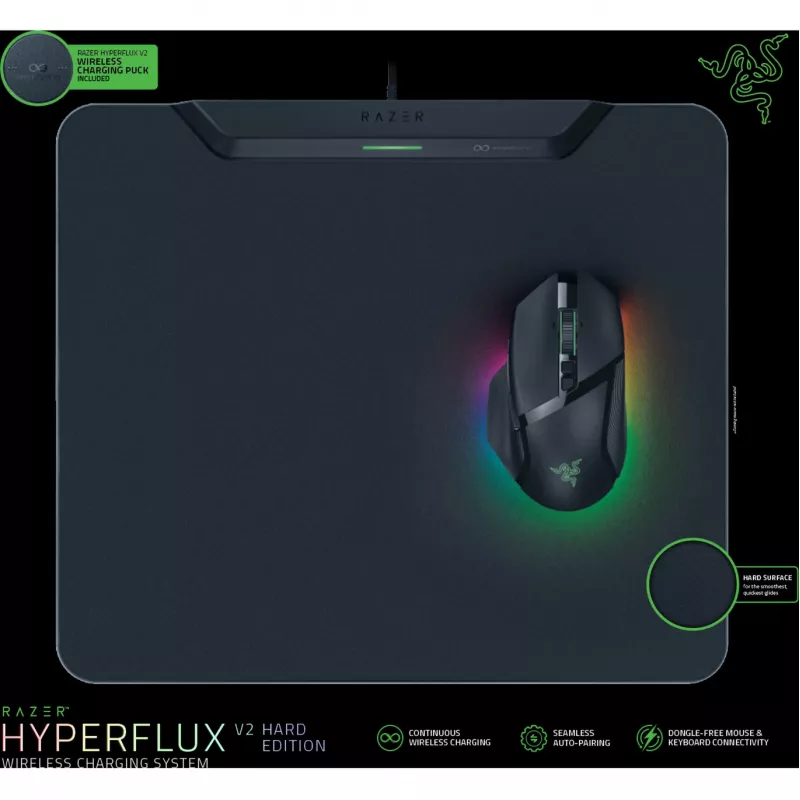 Razer | Bezvadu uzlādes spēļu peles paliktnis un poga, cietā versija | HyperFlux V2 bezvadu uzlādes sistēma | Spēļu peles paliktnis | 360 x 311 mm | Melns