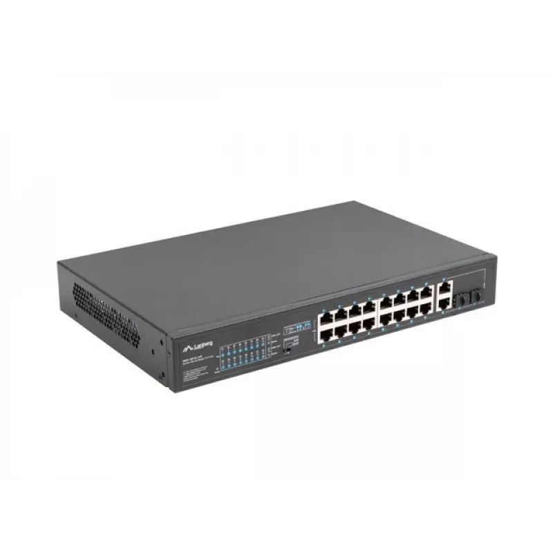 Nepārvaldāms slēdzis LANBERG RSFE-16P-2C-250 — 18 portu Gigabit, 16x PoE+ (30W), 2x SFP, 250W, 1U, metāls, stiprināšana statīvā