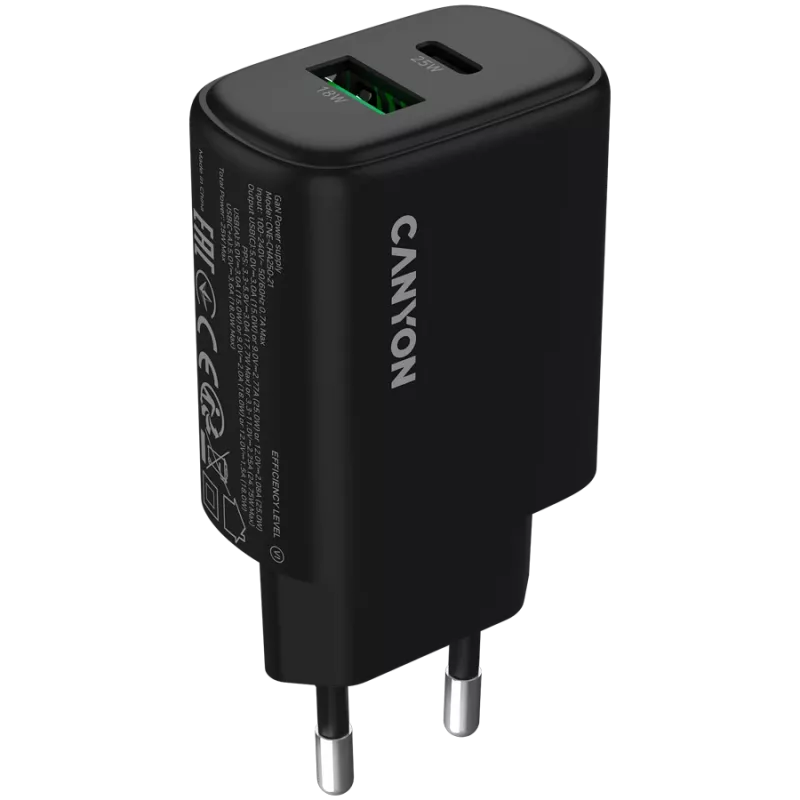 CANYON lādētājs OnCharge 250 25W 1xPD 1xQC EU Melns