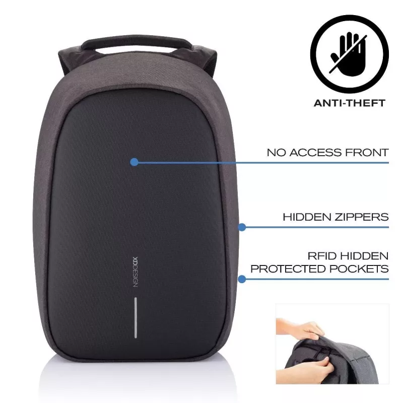 Mugursoma XDDESIGN Bobby Hero Small, pretaizdzīšanas, 11,5 L, planšetdators līdz 12,9 collām, PET/putas, melna