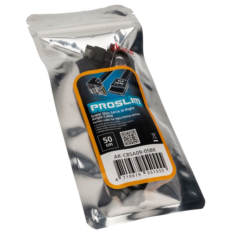 SATA kabelis Akasa Proslim 90° 50 cm — leņķveida SATA datu kabelis, 50 cm
