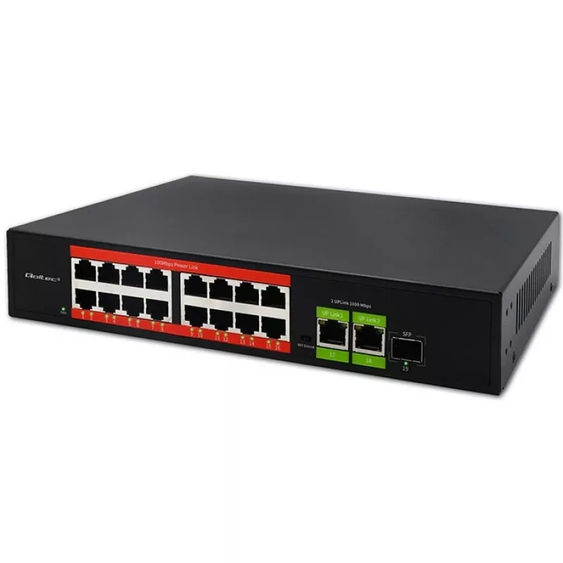 Ethernet PoE komutators QOLTEC 16x RJ45, 2x RJ45 uplink, 1x SFP (MPN 52291)
