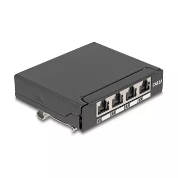 Patch panel DELOCK Mini Desktop RJ45 4-portu Cat.6A ekranēts melns, metāla, 90×22×93 mm