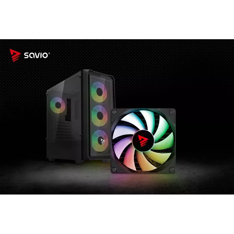 PC kuba korpuss SAVIO Noctis Glass RGB — Melns, ATX/Micro-ATX, 210×410×450 mm, 3×120 mm priekšējie ventilatori