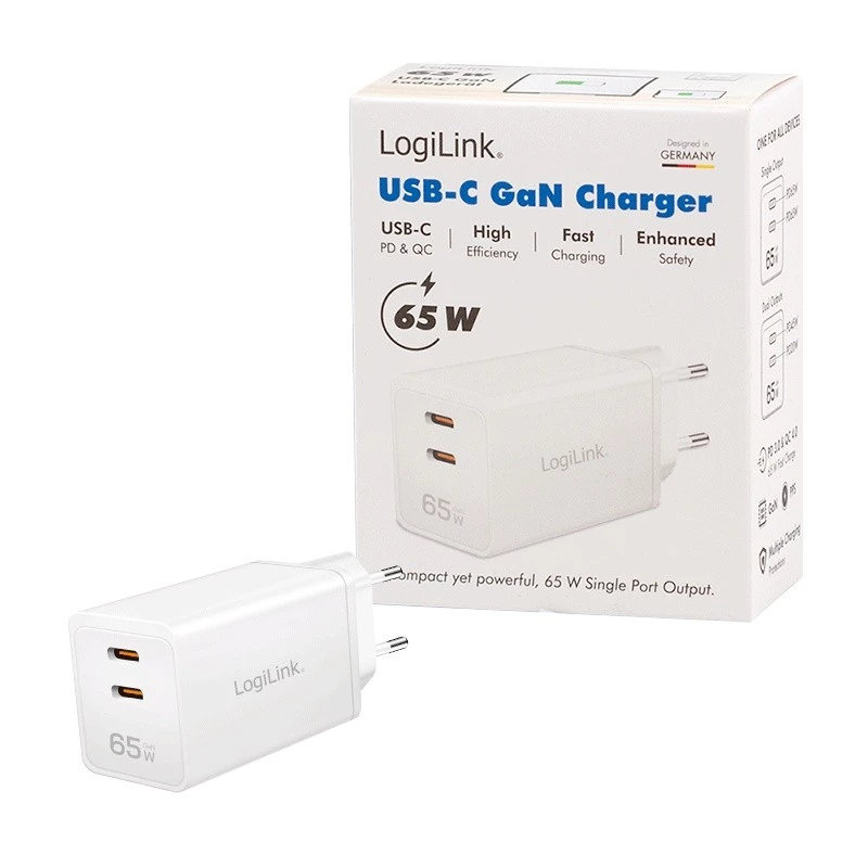 Divkāršs USB ligzdas adapteris 65W, 2xUSB-C, balts
