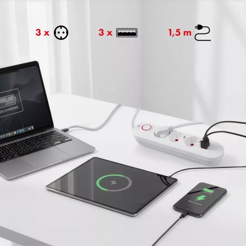 Strāvas sloksne MACLEAN MCE394W — 3 rozetes, 3×USB 2.1A, 110–240V AC, 2500W, 1,5 m kabelis, balta