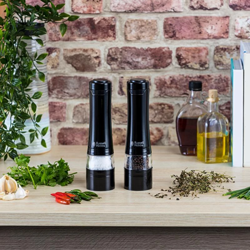 Russell Hobbs 28010-56 Electric Salt Mill Set (High Quality, Automatic, Adjustable Grinding, Light on Base, Melns Metal Design) Pepper Mill
