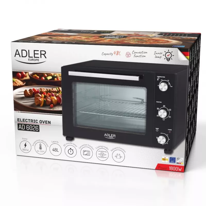 Elektriskā kompakta galda krāsns Adler AD 6026 — 48 L ietilpība, 1800 W, brīvi stāvoša, mehānisks taimeris