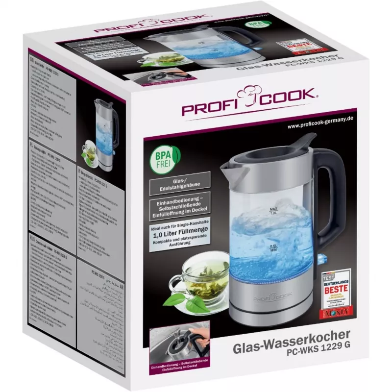 ProfiCook PC-WKS 1229 G elektriskā tējkanna 1 L 1600 W Nerūsējošais tērauds, Caurspīdīga
