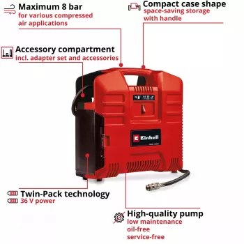 Gaisa kompresors Einhell TE-AC 36/8 130 l/min 8 bar Baterija
