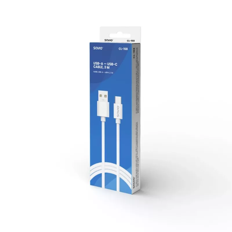 USB 2.0 kabelis SAVIO CL-168, USB A (vīrišķais) uz USB C (vīrišķais), 3 m, balts