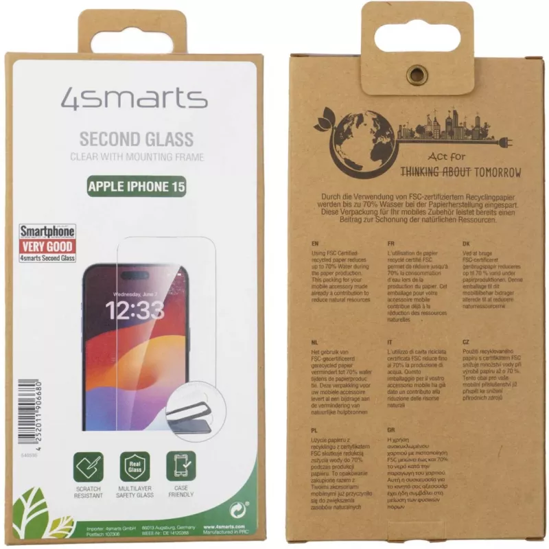 Ekrāna aizsargs 4smarts 540595 Apple iPhone 15 Bulletproof rūdīts stikls