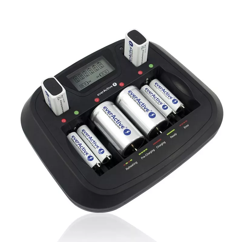 Baterijas lādētājs everActive NC-900U Universal DC — lādē AA, AAA, C, D, 9V, līdz 6 šūnām, melns