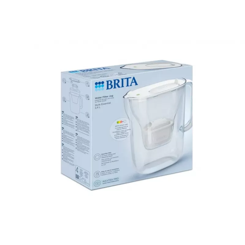Ūdens filtra krūze BRITA Style Essential — balta, 1,4 L filtrētā ūdens tilpums, 2,4 L tvertne, saderīga ar MAXTRA+ Pro kasetnēm