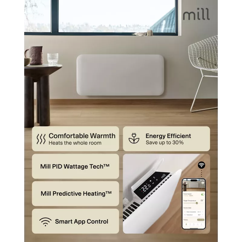 Mill Invisible Smart WiFi sildītājs | PA2000WIFI4 | Panelu sildītājs | 2000 W | Piemērots telpām līdz 24-28 m² | Balts | IPX4