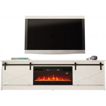TV skapis ar elektrisko kamīnu Cama Meble GRANERO modelis RTV GRANERO + KOM B/B, 200x56.7x35 cm, balts/spīdīgi balts, 2 durvis, 2 plaukti, MDF/skaidu plātne