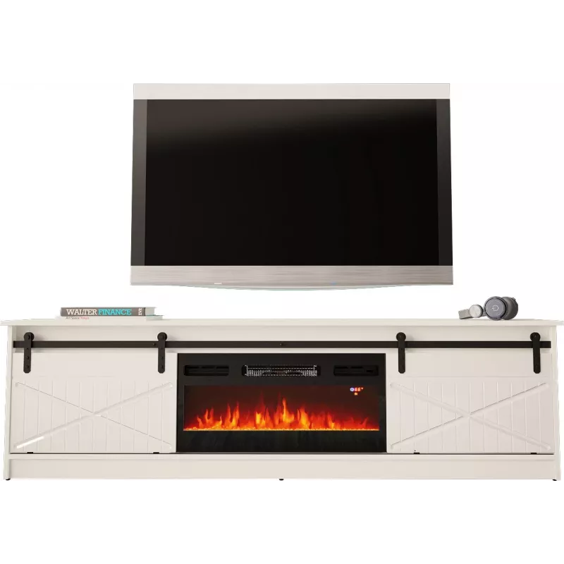TV skapis ar elektrisko kamīnu Cama Meble GRANERO modelis RTV GRANERO + KOM B/B, 200x56.7x35 cm, balts/spīdīgi balts, 2 durvis, 2 plaukti, MDF/skaidu plātne