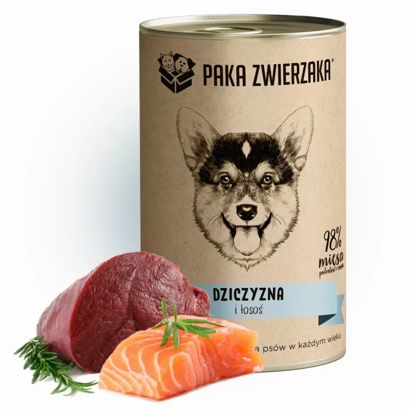 Mitrā suņu barība PAKA ZWIERZAKA Game and Salmon 400 g — konservēta barība pieaugušiem suņiem, brieža gaļa & lasis, olbaltumvielas 10,4%, tauki 6,9%, mitrums 76%
