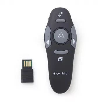 GEMBIRD bezvadu IR prezentētājs WP-L-11, 4 pogas, 2,4 GHz RF USB uztvērējs, melns, AAA baterija