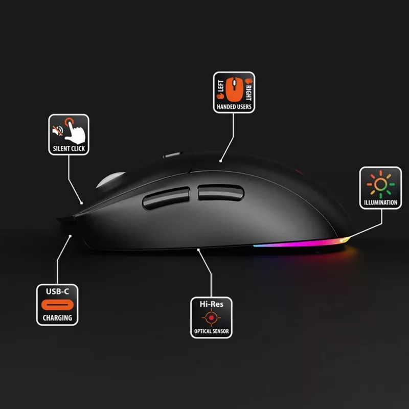Bezvadu pele MEDIA-TECH MT1124 BT/RF Silent & Recharge — piemērota abām rokām, 3200 DPI, Bluetooth + 2,4 GHz USB, 6 pogas, uzlādējama
