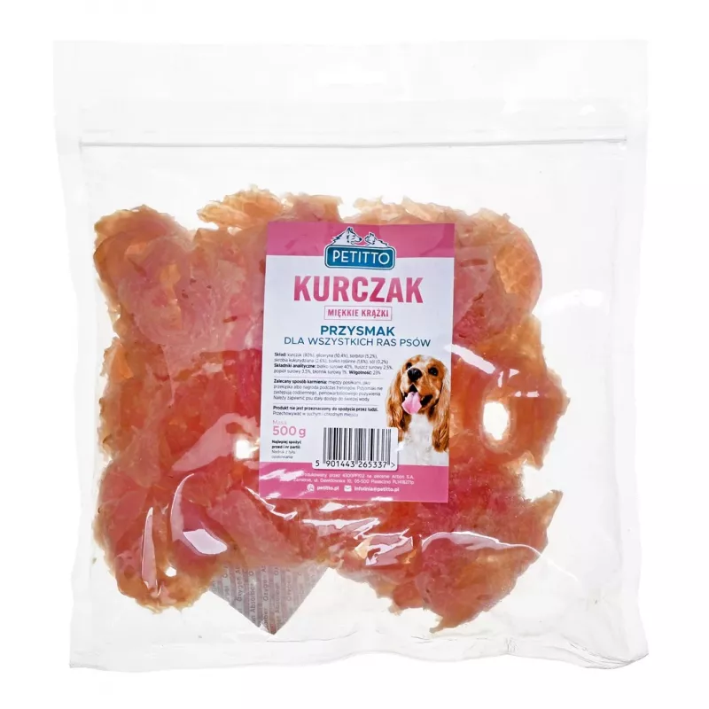Suņu gardumi PETITTO Soft chicken rings 500 g — mīksta vistas uzkoda, 500 g iepakojums, olbaltumvielas 40%, mitrums 23%