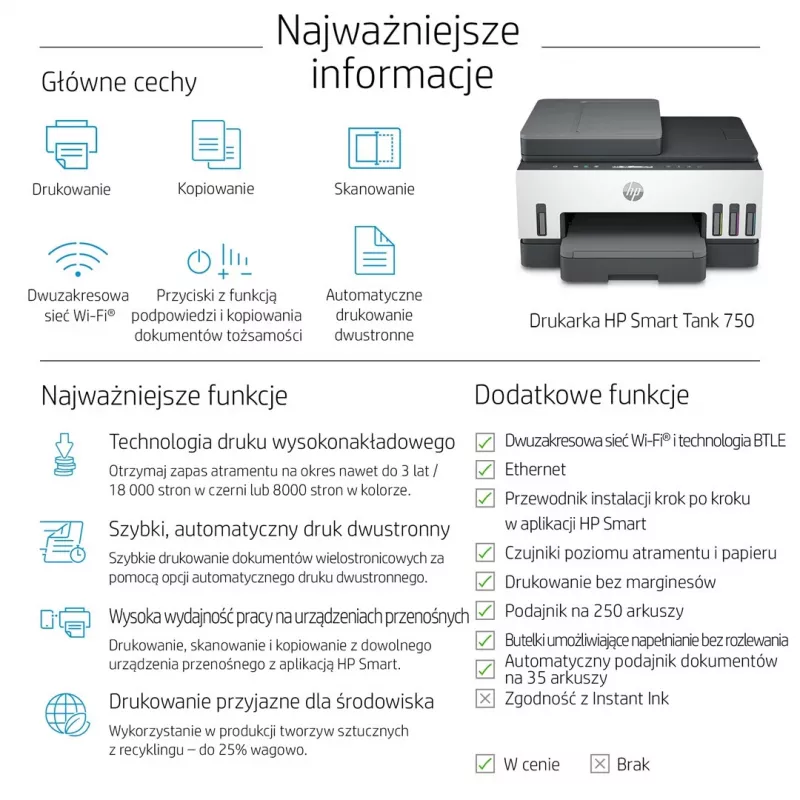 HP Smart Tank 750 daudzfunkciju printeris ar nepārtrauktu krāsu tinti, Wi-Fi, Smart App, automātisku abpusējo druku, ADF automātisko dokumentu padevēju
