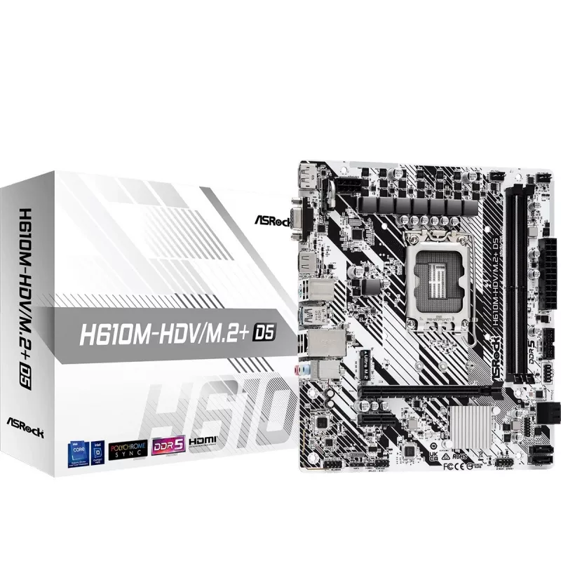 Mātesplate ASRock H610M-HDV/M.2+ D5 — Intel H610, LGA 1700, microATX, 2× DDR5 DIMM, M.2, HDMI 2.1, DP 1.4