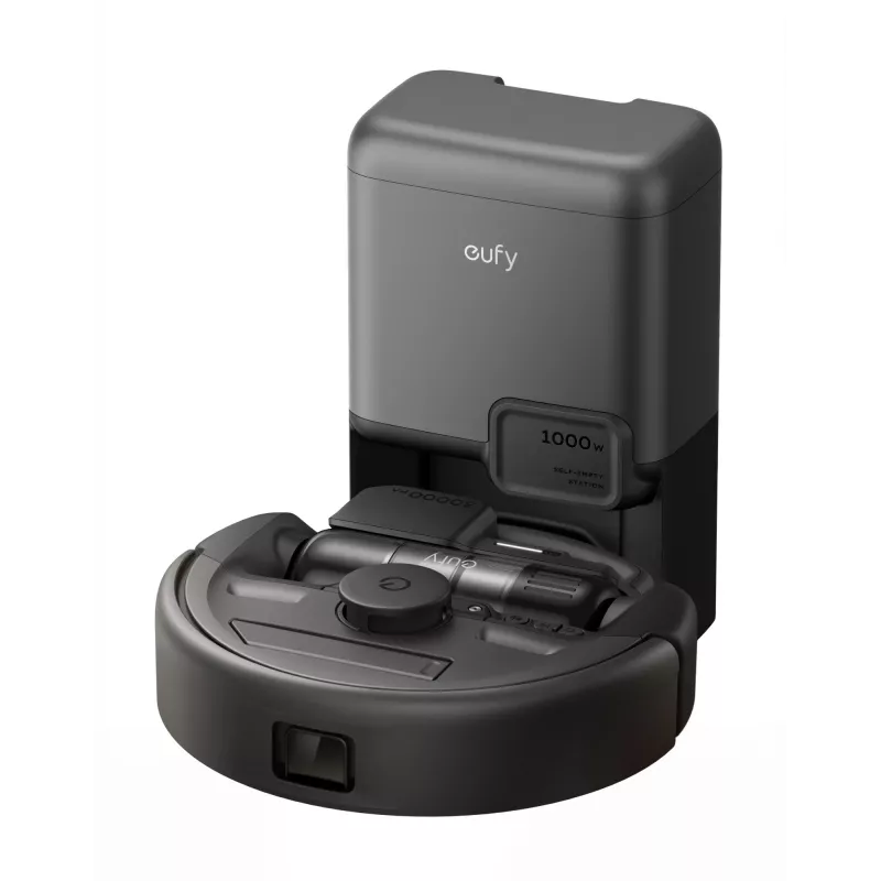 Eufy E20 Melns robota putekļsūcējs — apaļš, putekļu maisu bāzes stacija, 150 min darbības laiks, 35 cm diametrs