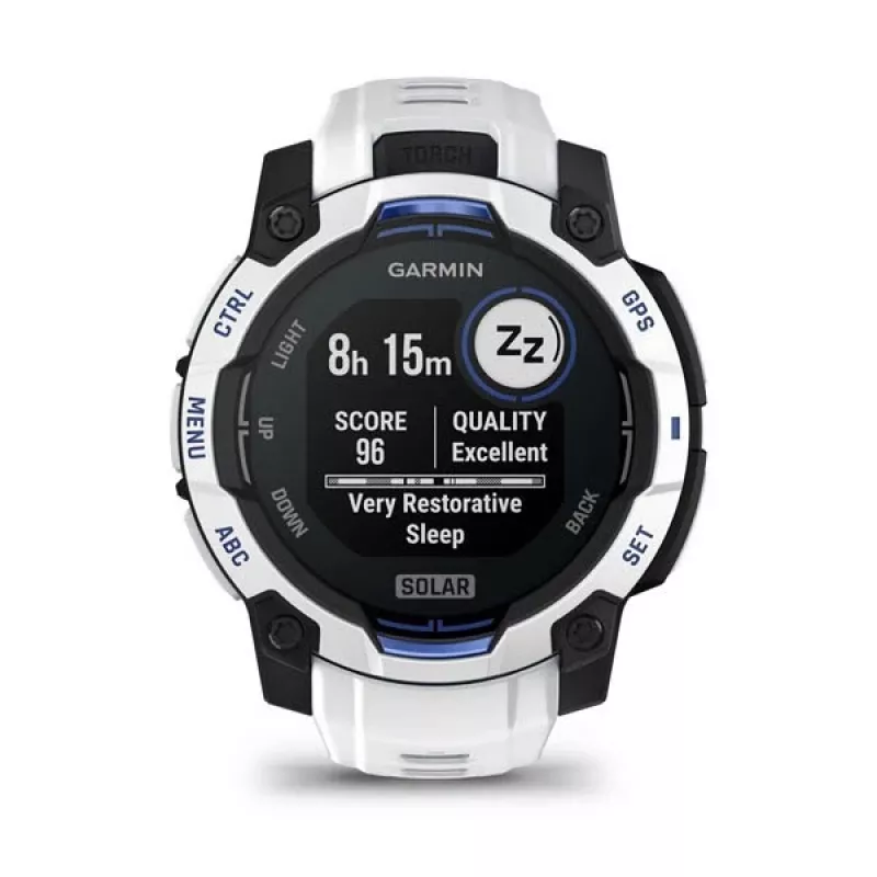 Viedpulkstenis GARMIN Instinct 2 45 mm, MIP 0,9 collas (176×176), GPS, saules enerģija, silikona siksniņa zila/balta