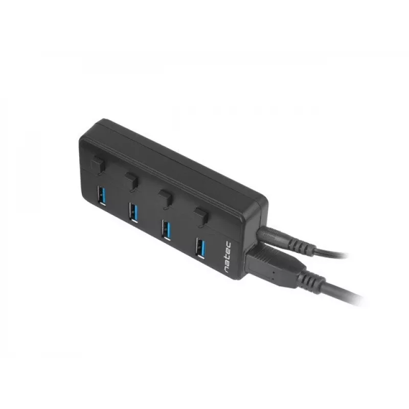 USB centrmezgls NATEC MANTIS USB 2.0 Type-B — 4x USB 3.2 Gen 1 Type-A porti, melns, 0,8 m kabelis, maiņstrāvas adapteris, barošanas slēdzis
