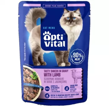 OPTIVITAL Tasty shreds mērcē ar jēru - mitrā kaķu barība - 85g