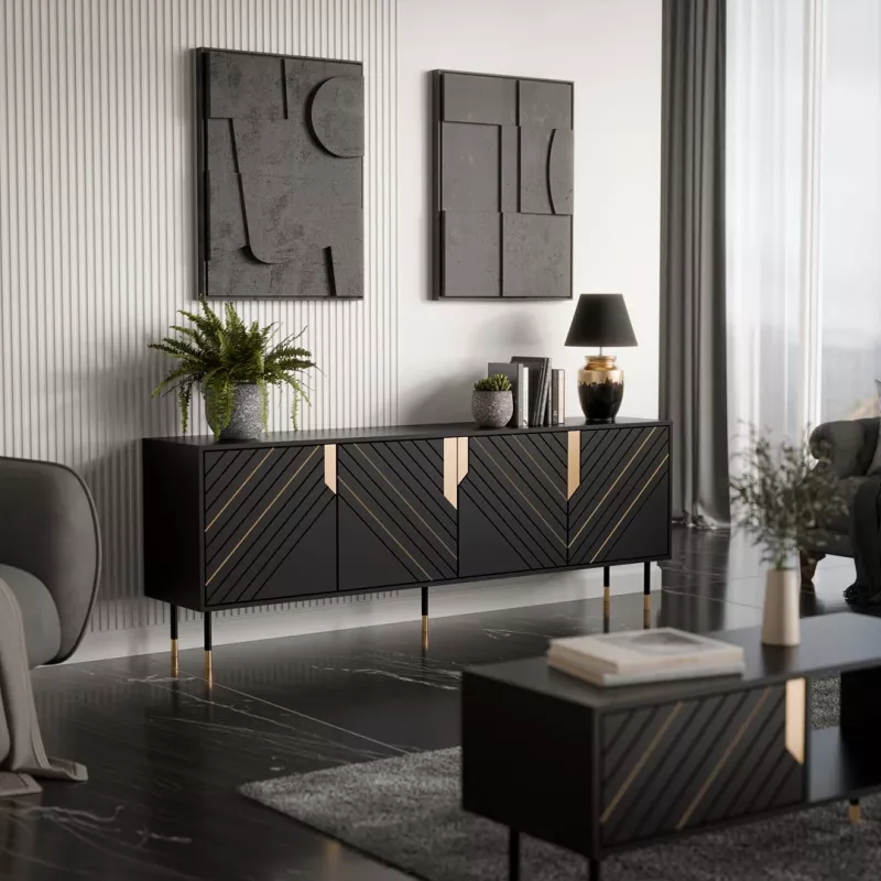 Chest of drawers cama meble Cama 4D MOUNTAIN 204x40x72 cm — Melns & gold, MDF/particle board