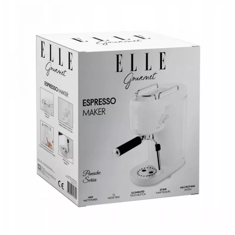 Kafijas automāts Elle EKCMP801WHEU balts — kompakts mājas kafijas automāts ar pilināšanas/espresso tipa brūvēšanu