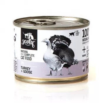 Mitrā kaķu barība 3coty Turkey & Goose 180 g paciņa — pieaugušiem kaķiem, pilnvērtīga barība, olbaltumvielas 19%, tauki 13%, mitrums 64,7%