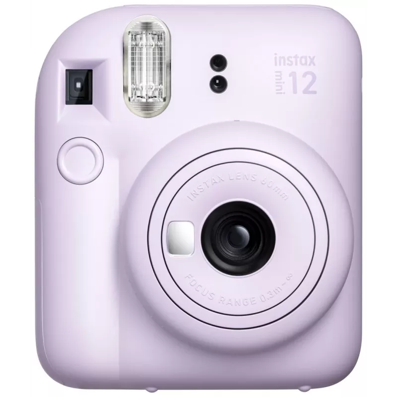 Momentānās drukas fotoaparāts Fujifilm Instax Mini 12 violeta — bilde 86×54 mm, filma 62×46 mm, fokusa attālums 60 mm