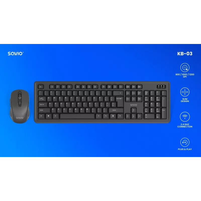 Savio KB-03 tastatūra ar peli, mājām/birojam, USB, QWERTY, US English, melna