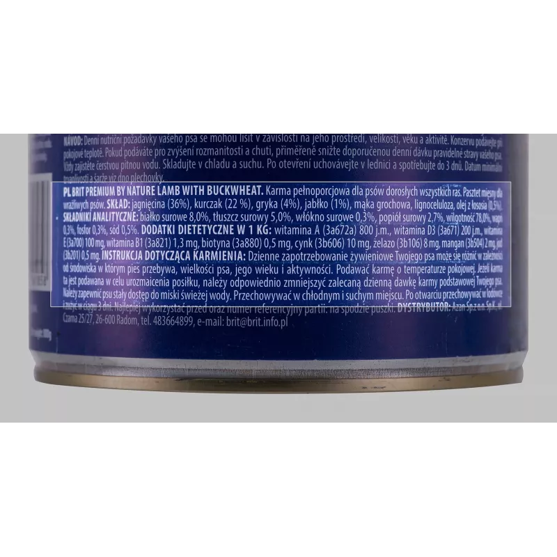 Mitrā suņu barība Brit Premium by Nature ar jēru un griķiem 800 g, bez graudiem, pieaugušiem suņiem, kanna