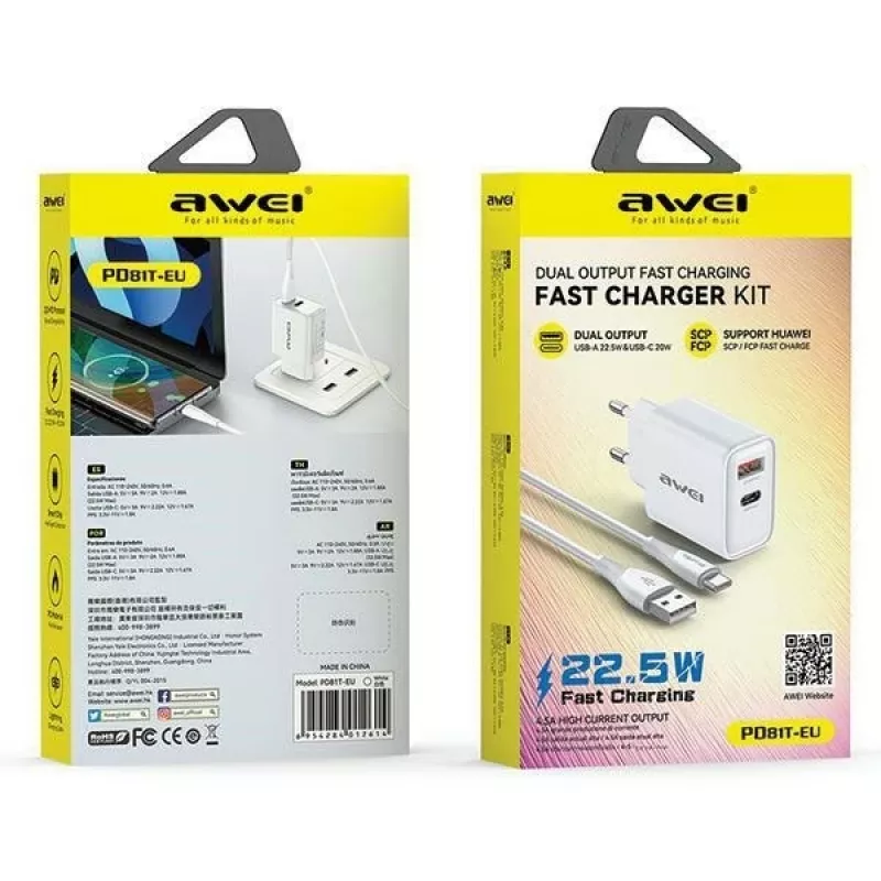 Awei tīkla lādētājs PD81T-EU 22.5W ar USB kabeli un USB-C, balts, GaN