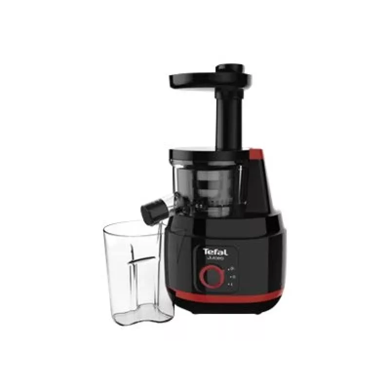 Lēna tipa sulu spiede Tefal Juiceo ZC150 — 150 W, 4,5 cm padeves caurule, 0,8 L sulas un mīkstuma trauki, 80 apgr./min, Melna/Sarkana
