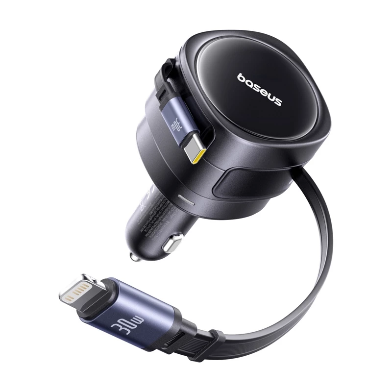 Automašīnas lādētājs Baseus Enjoyment Max 60W ar USB‑C un Lightning kabeļiem, divu portu ātrā uzlāde