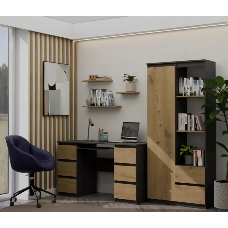 Top e Shop RS-80 BILY biroja grāmatu skapis, antracīta rāmis, amatniecības ozolkoka durvis, 7 plaukti, 2 atvilktnes, 1800×800×350 mm