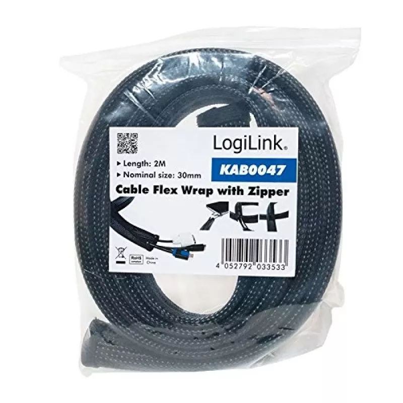 LOGILINK KAB0047 LOGILINK Elastīgs kabeļu organizators ar rāvējslēdzēju, melns, 2 m