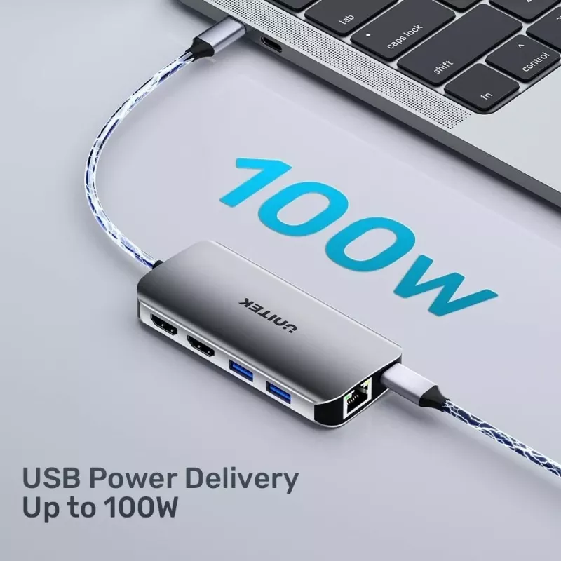 USB-C centrmezgls Unitek D1122A01 ar 2x HDMI 4K un 100 W jaudas piegādi