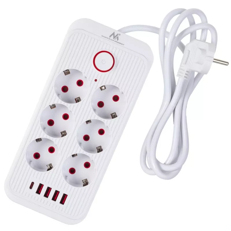 Strāvas sadalītājs MACLEAN MCE389 W — 6 kontaktligzdas, 4×USB-A, 1×USB-C, 2500 W, 110–240 V, 1,5 m kabelis, balts