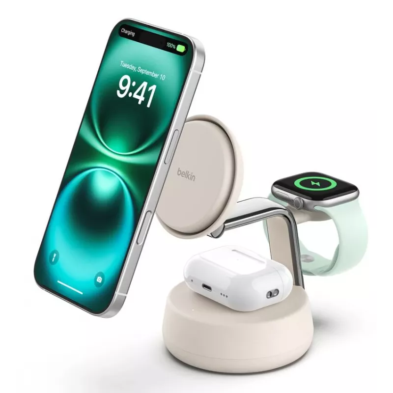 Bezvadu USB lādētājs Belkin Qi2 WIZ040KQSD — 25W, USB barošana, 1,5 m kabelis, balts, viedtālrunim viedpulkstenim austiņām fitnesa izsekotājam